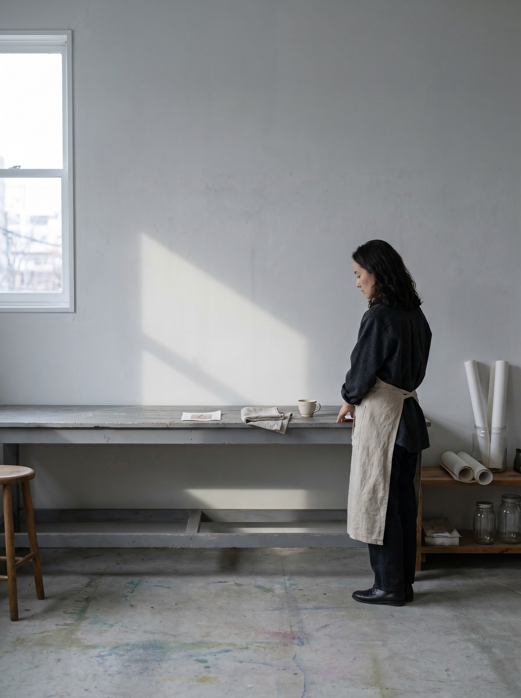 Hiro Mirai in her Kichijoji studio, standing at the workbench in mid-afternoon west light