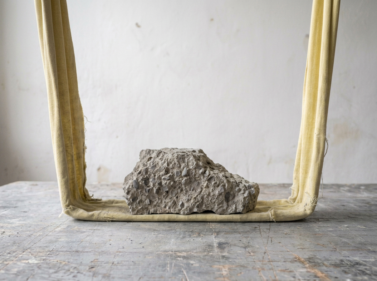 The morning study. AI-generated concrete and cloth, with the band beginning to look like a frame.