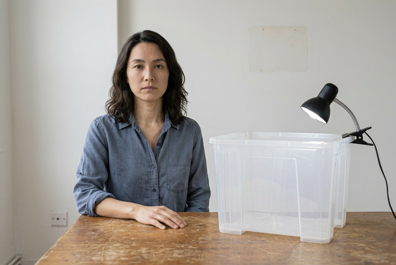 Version 01, earlier generation. Person and box sit side by side. AI-generated process image, not a studio photograph.
