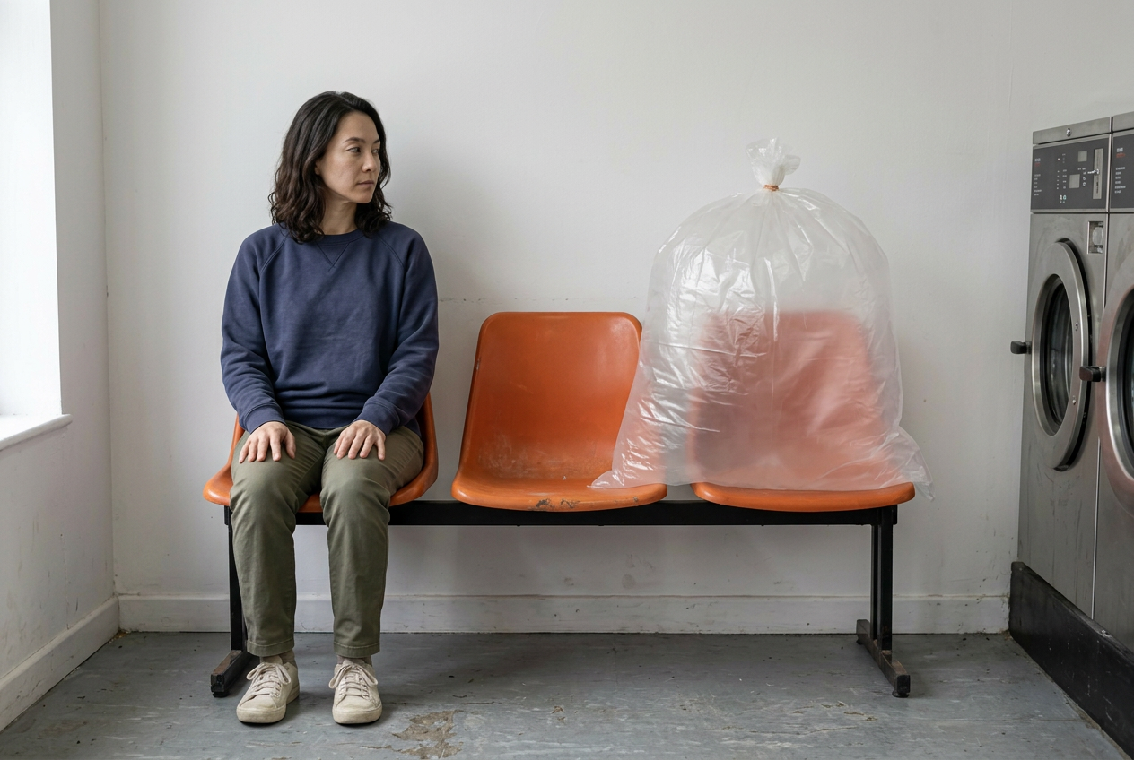 First generation. The bag also reads as a chair cover. AI-generated scene.