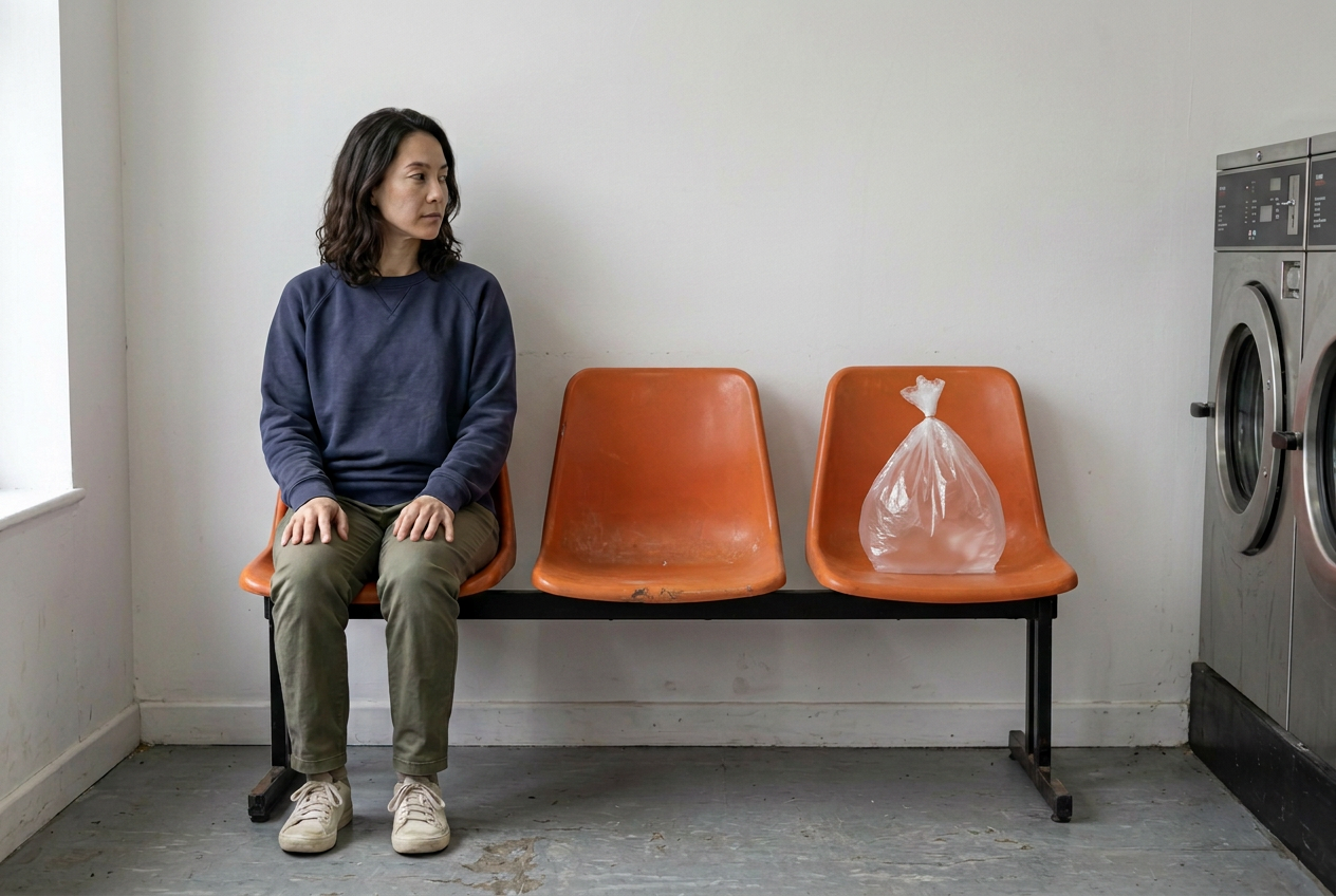 Third generation. A smaller bag, the same empty middle seat. AI-generated scene.