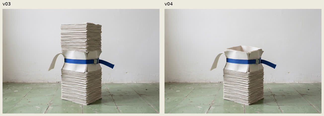 v03 and v04. Removing the upper pile exposed the open paper cuff. A comparison of image studies, not equal-scale photographs.