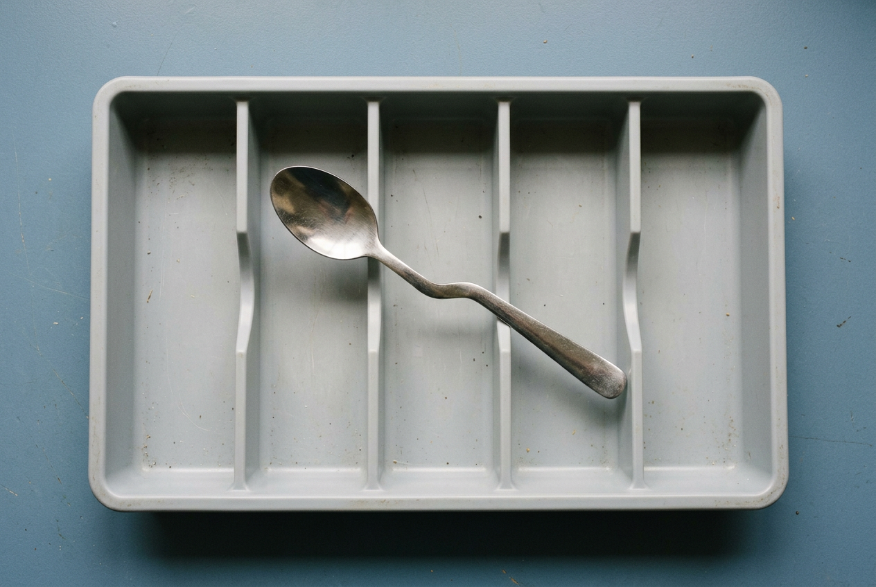 The spoon rests on the dividers.