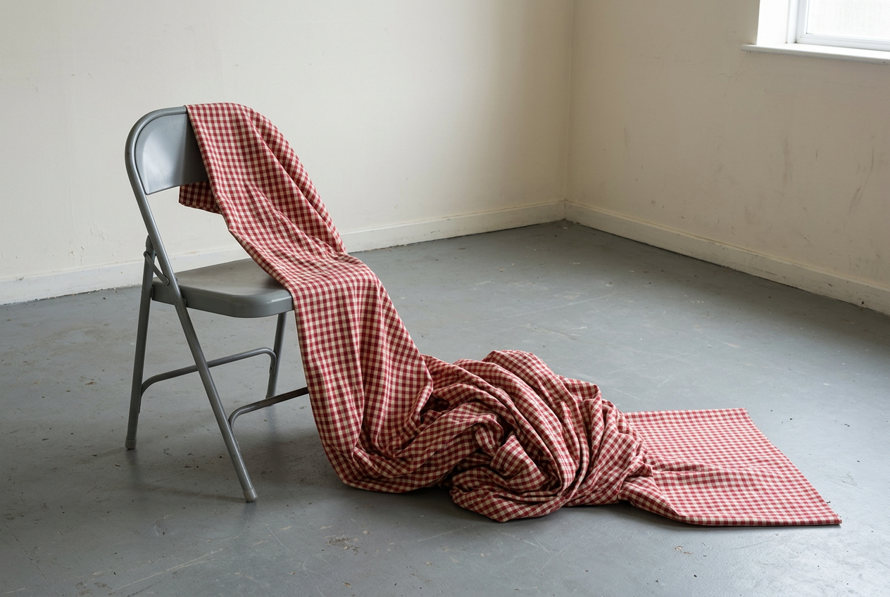 The cloth occupies the chair and spills onto the floor.