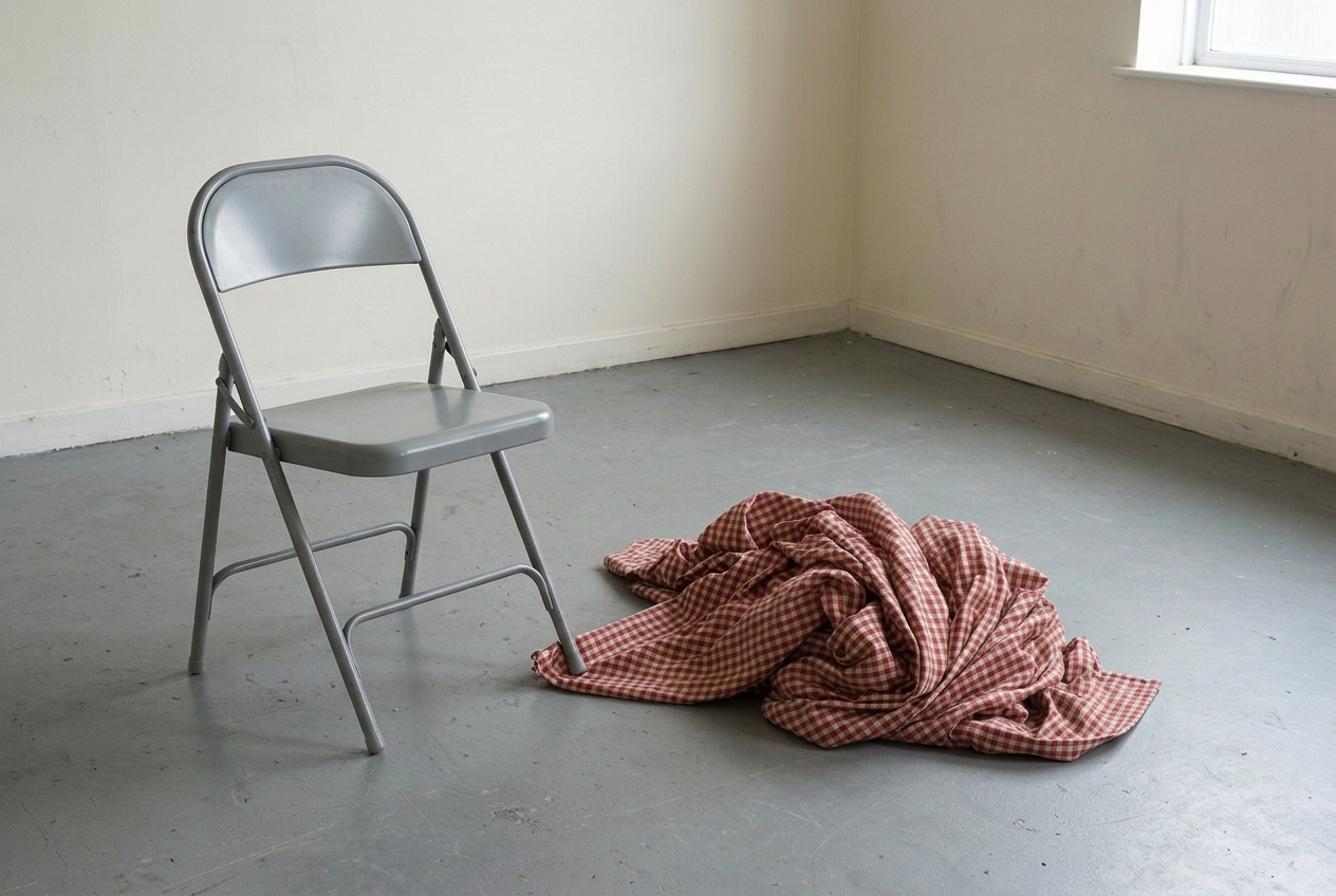 The seat is empty. One chair foot rests on a corner of the cloth.